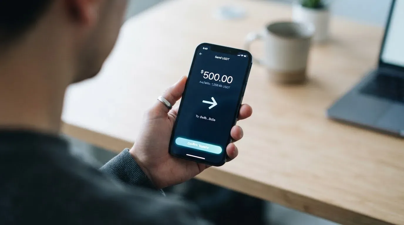 A phone showing a stablecoin transfer screen