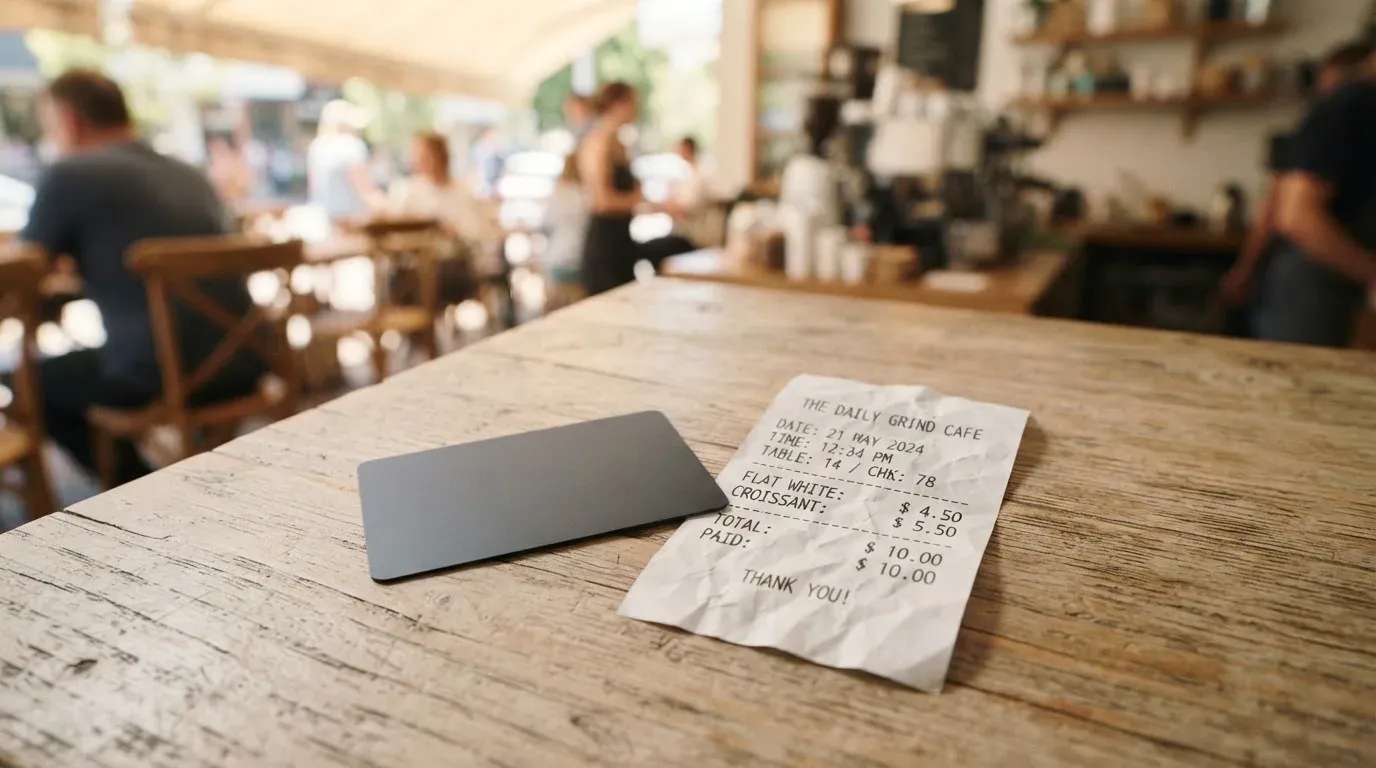 A receipt and a card on a café table