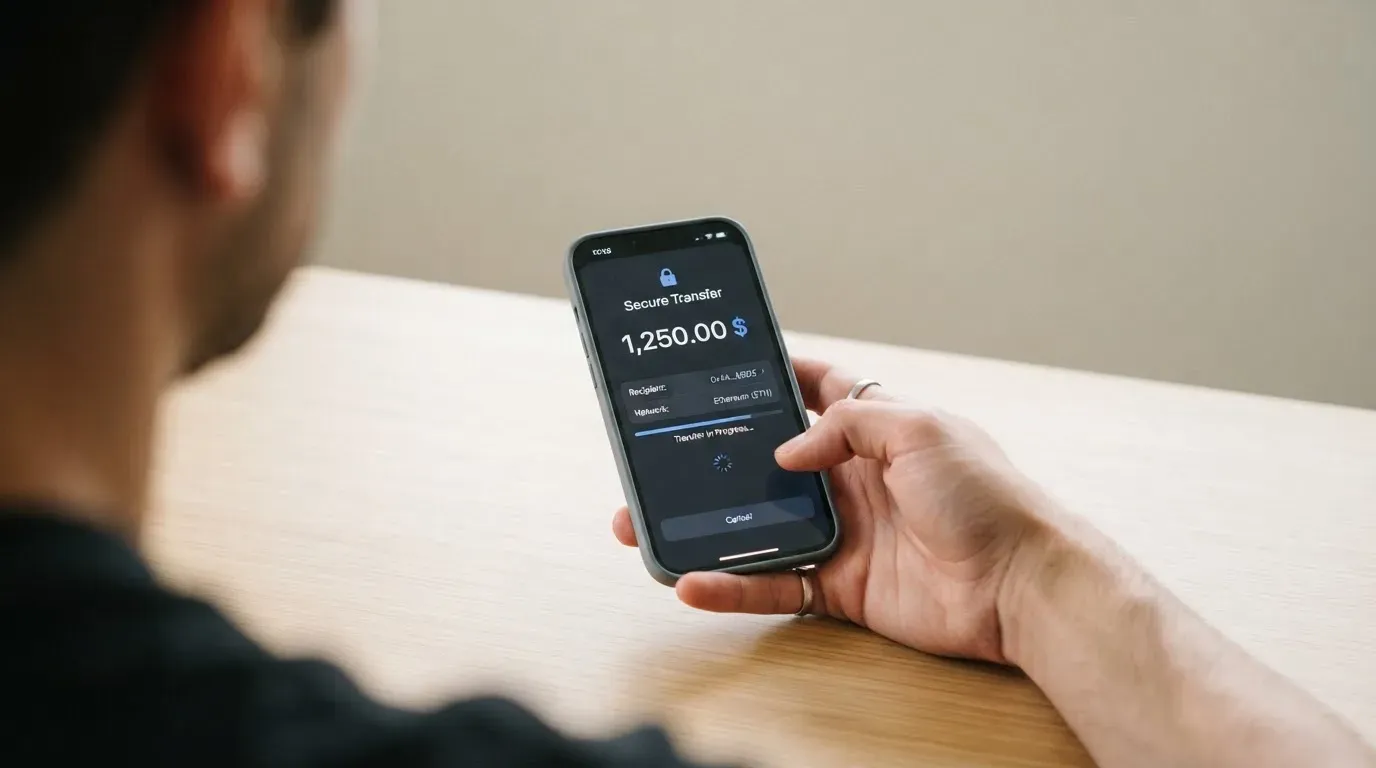 A phone showing a stablecoin transfer screen