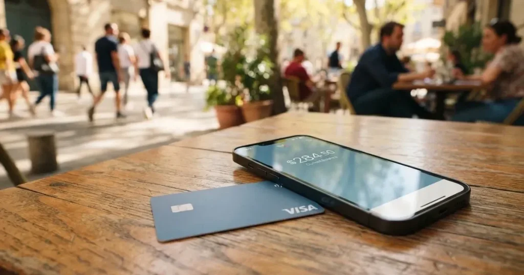 A payment card next to a phone with a crypto wallet app open