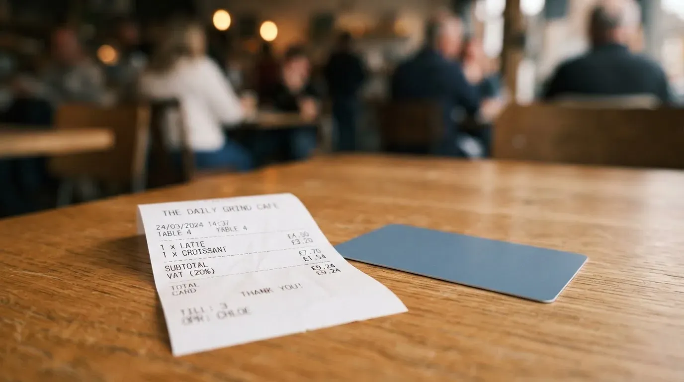A receipt and a card on a café table