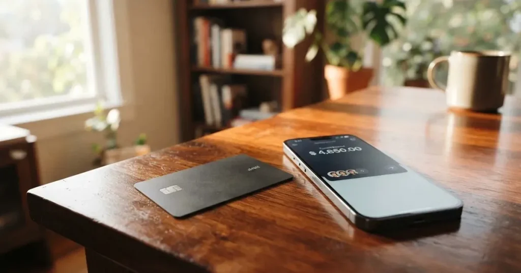 A payment card next to a phone with a crypto wallet app open