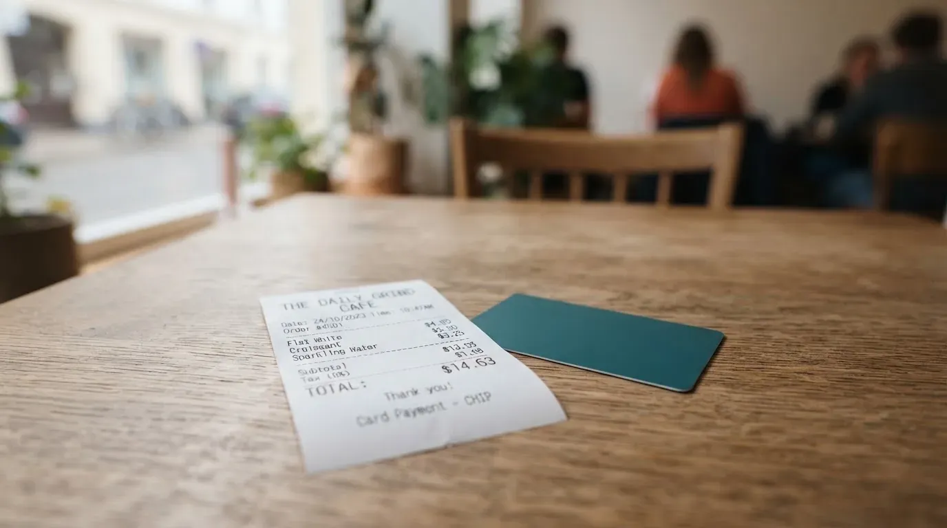 A receipt and a card on a café table