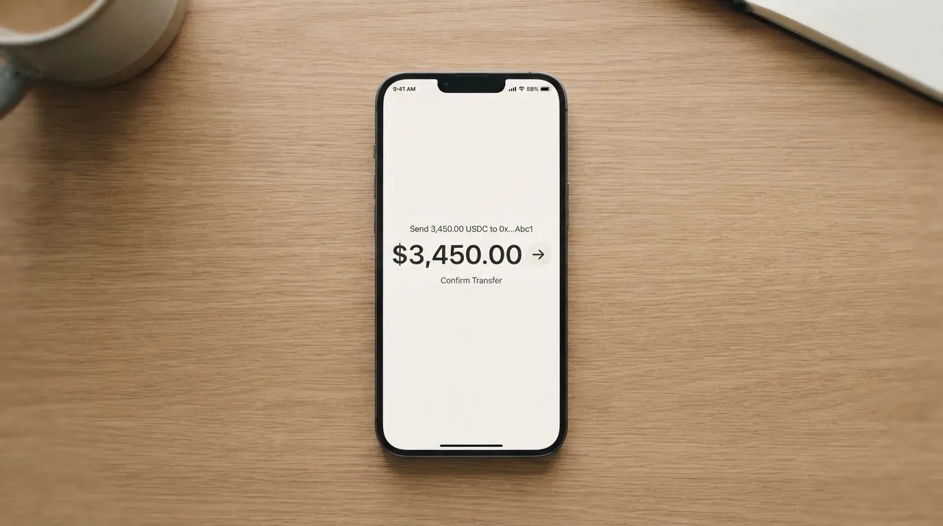 A phone showing a stablecoin transfer screen