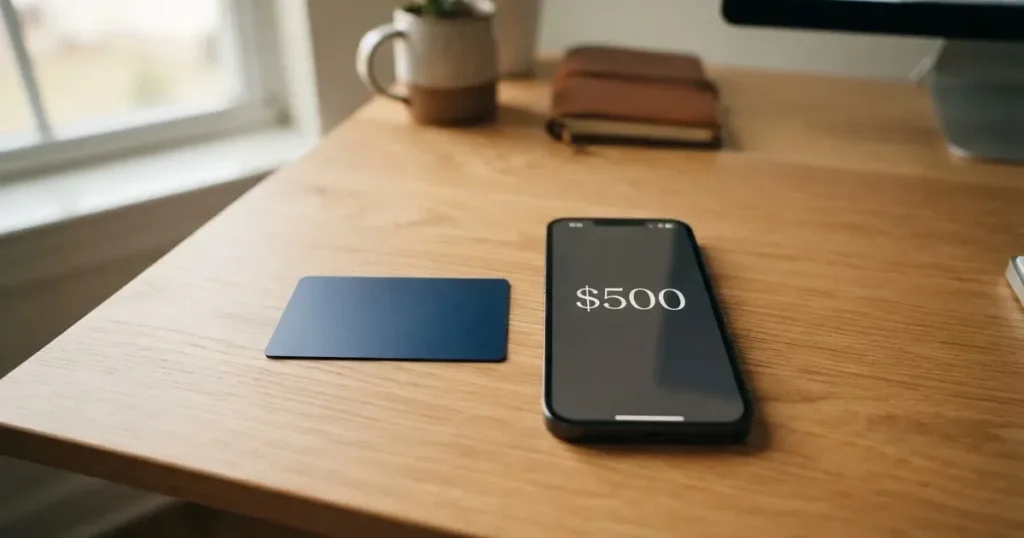 A payment card next to a phone with a crypto wallet app open