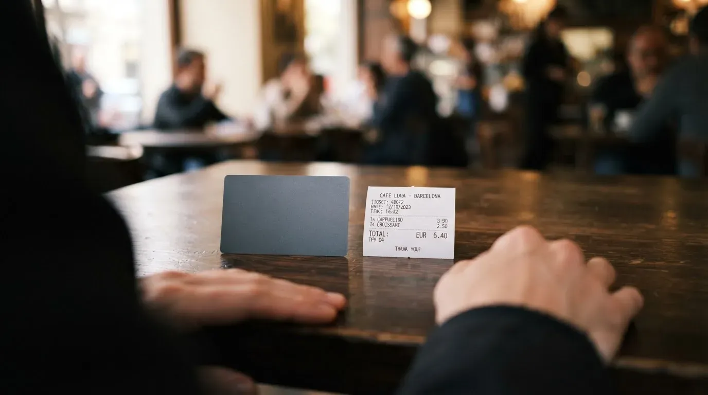 A receipt and a card on a café table