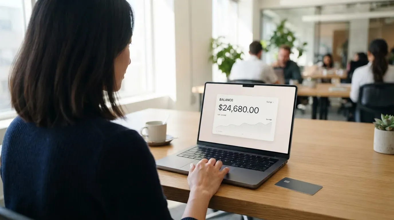 A person comparing two payment cards at a desk with a laptop