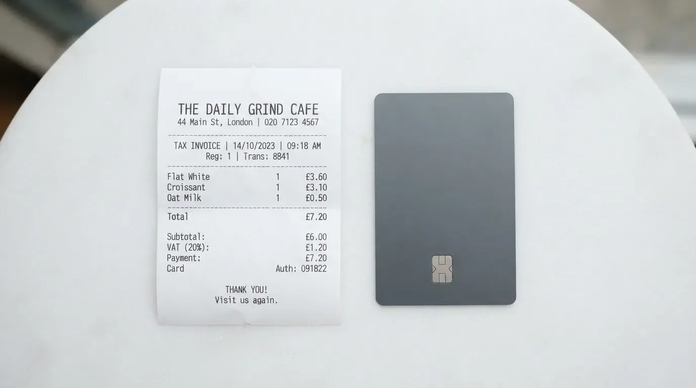 A receipt and a card on a café table
