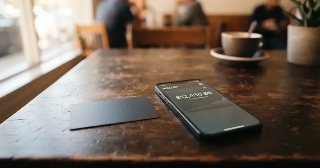 A payment card next to a phone with a crypto wallet app open