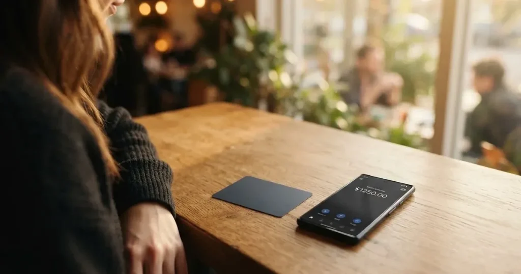 A payment card next to a phone with a crypto wallet app open