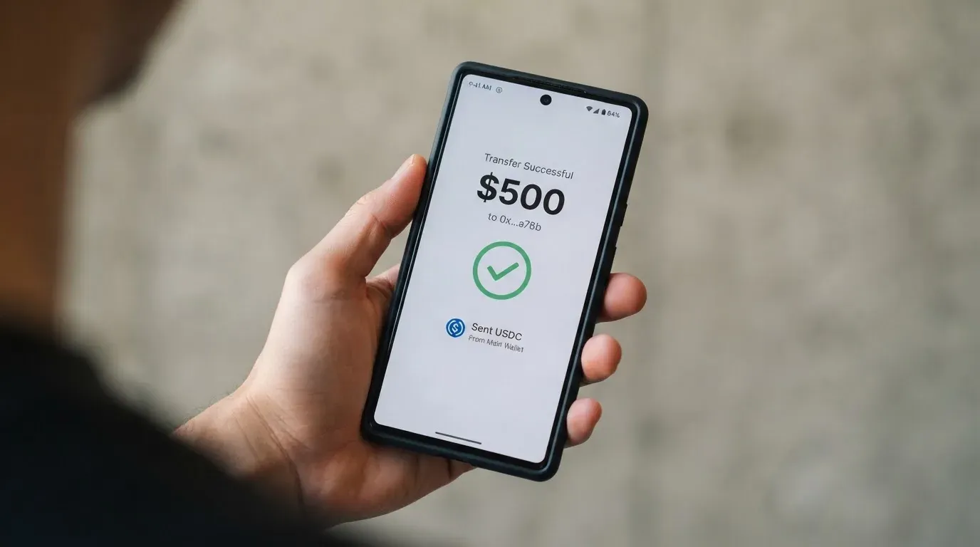 A phone showing a stablecoin transfer screen
