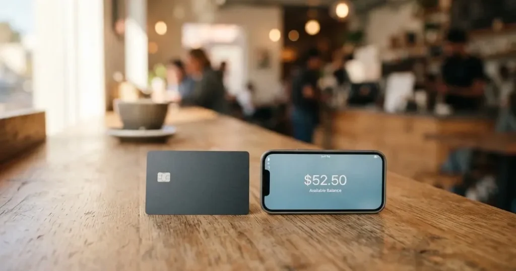 A payment card next to a phone with a crypto wallet app open