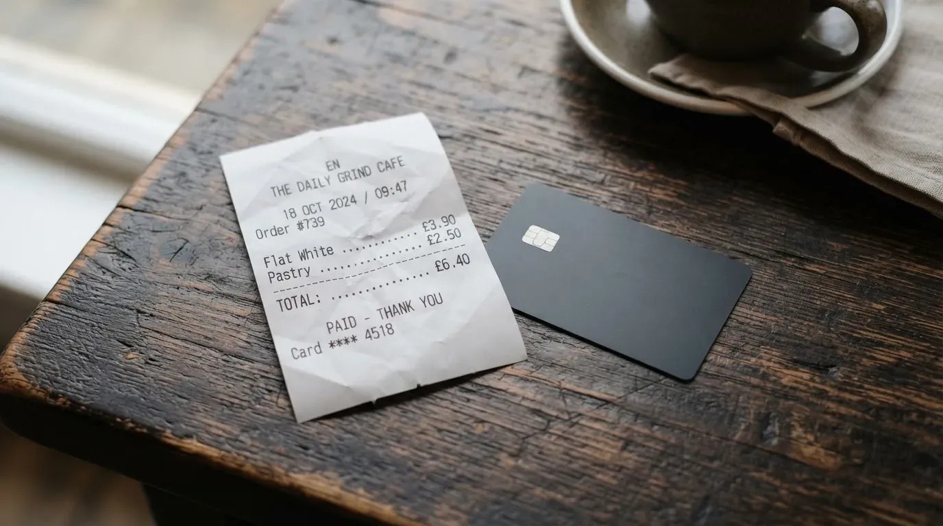 A receipt and a card on a café table
