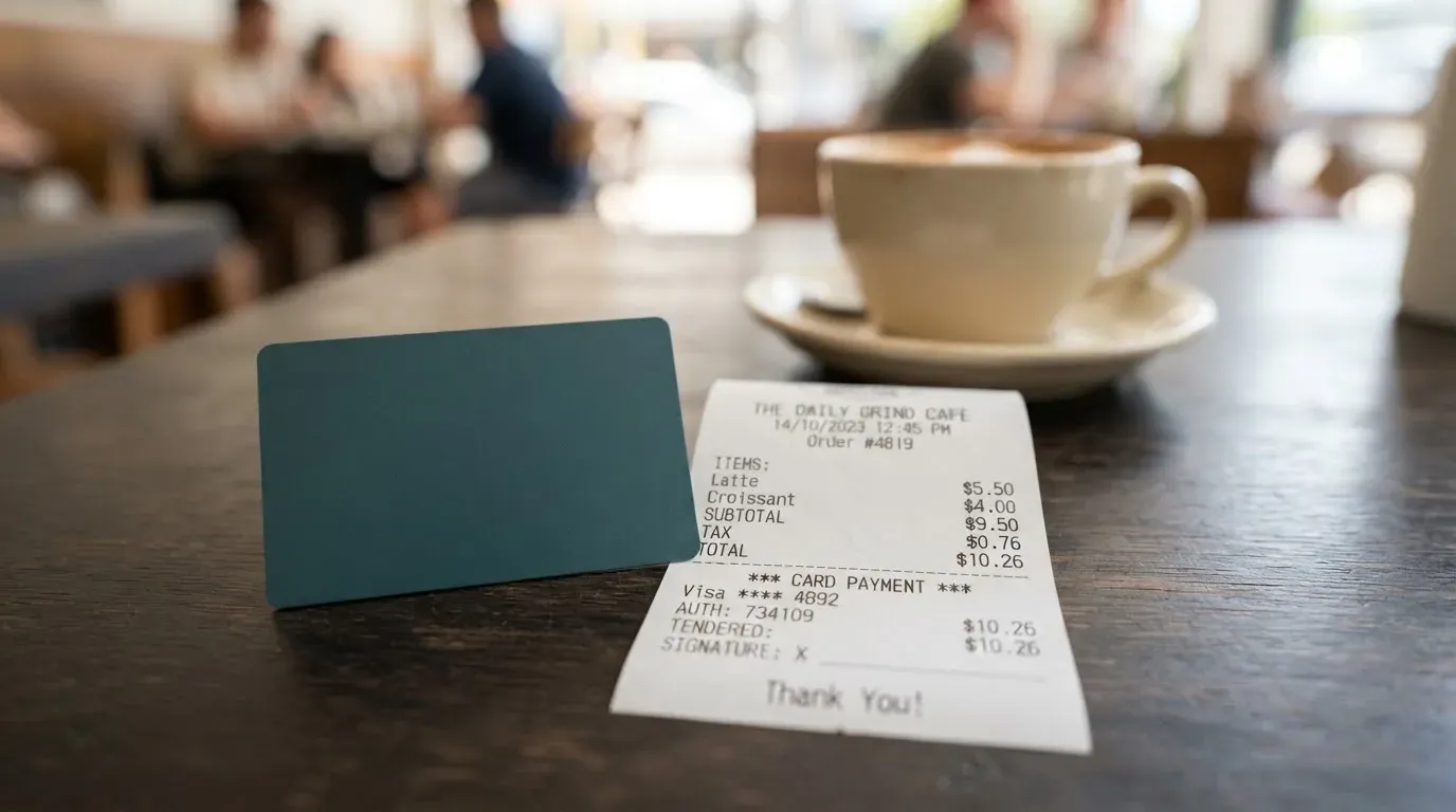 A receipt and a card on a café table
