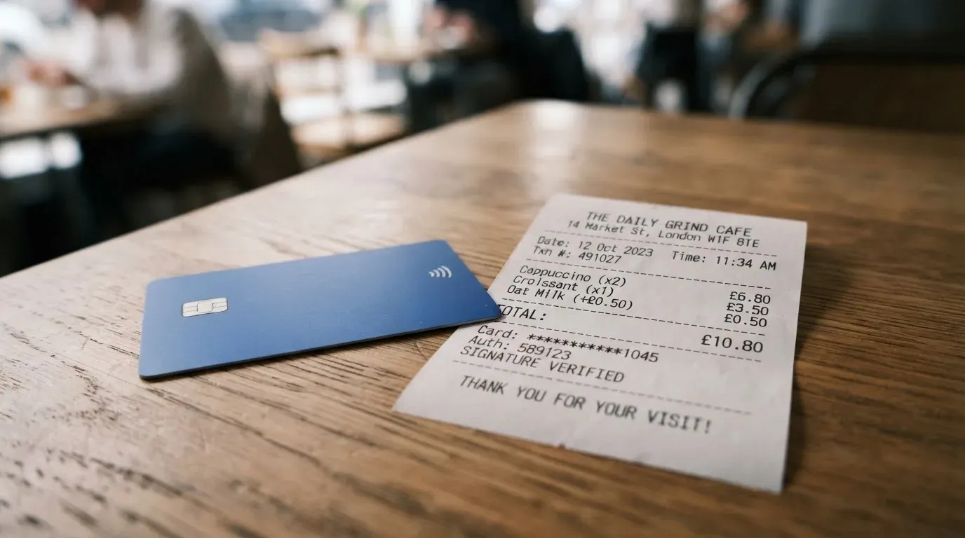 A receipt and a card on a café table
