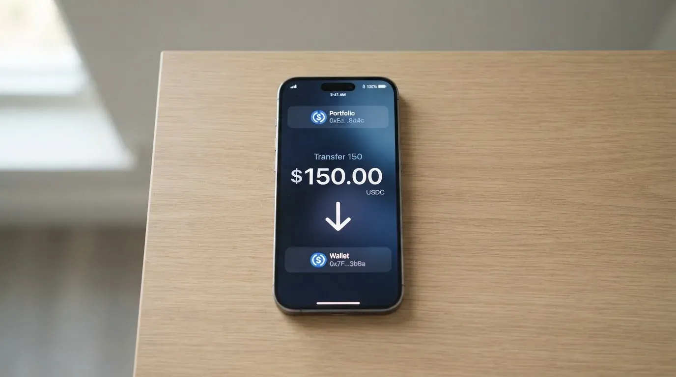 A phone showing a stablecoin transfer screen