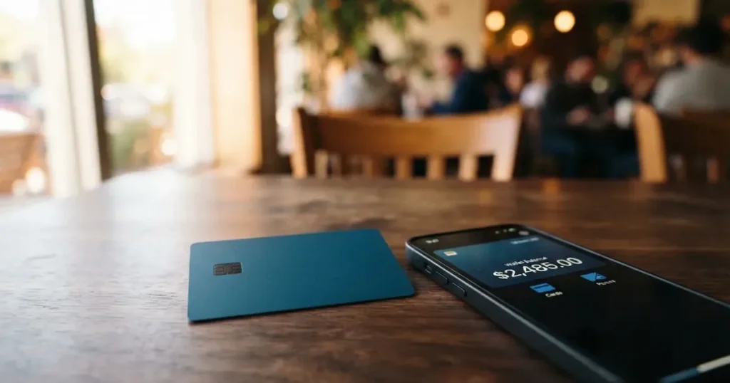 A payment card next to a phone with a crypto wallet app open