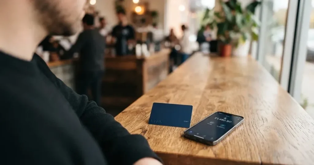 A payment card next to a phone with a crypto wallet app open