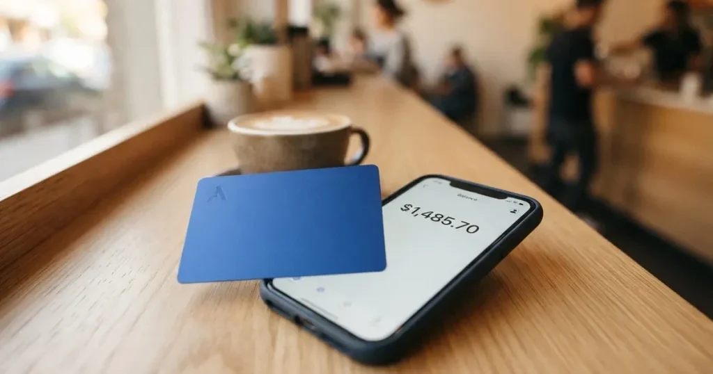 A payment card next to a phone with a crypto wallet app open