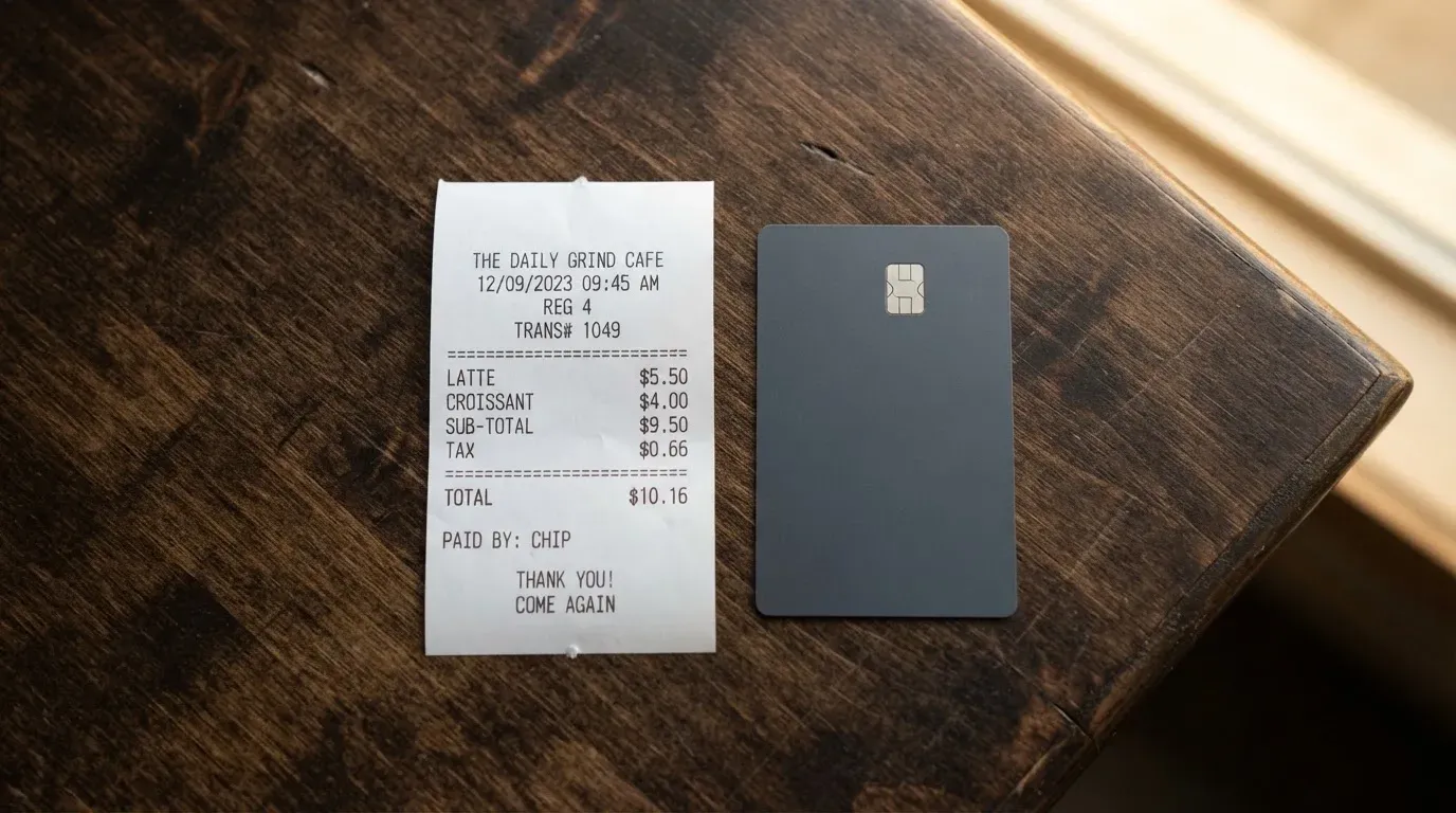 A receipt and a card on a café table