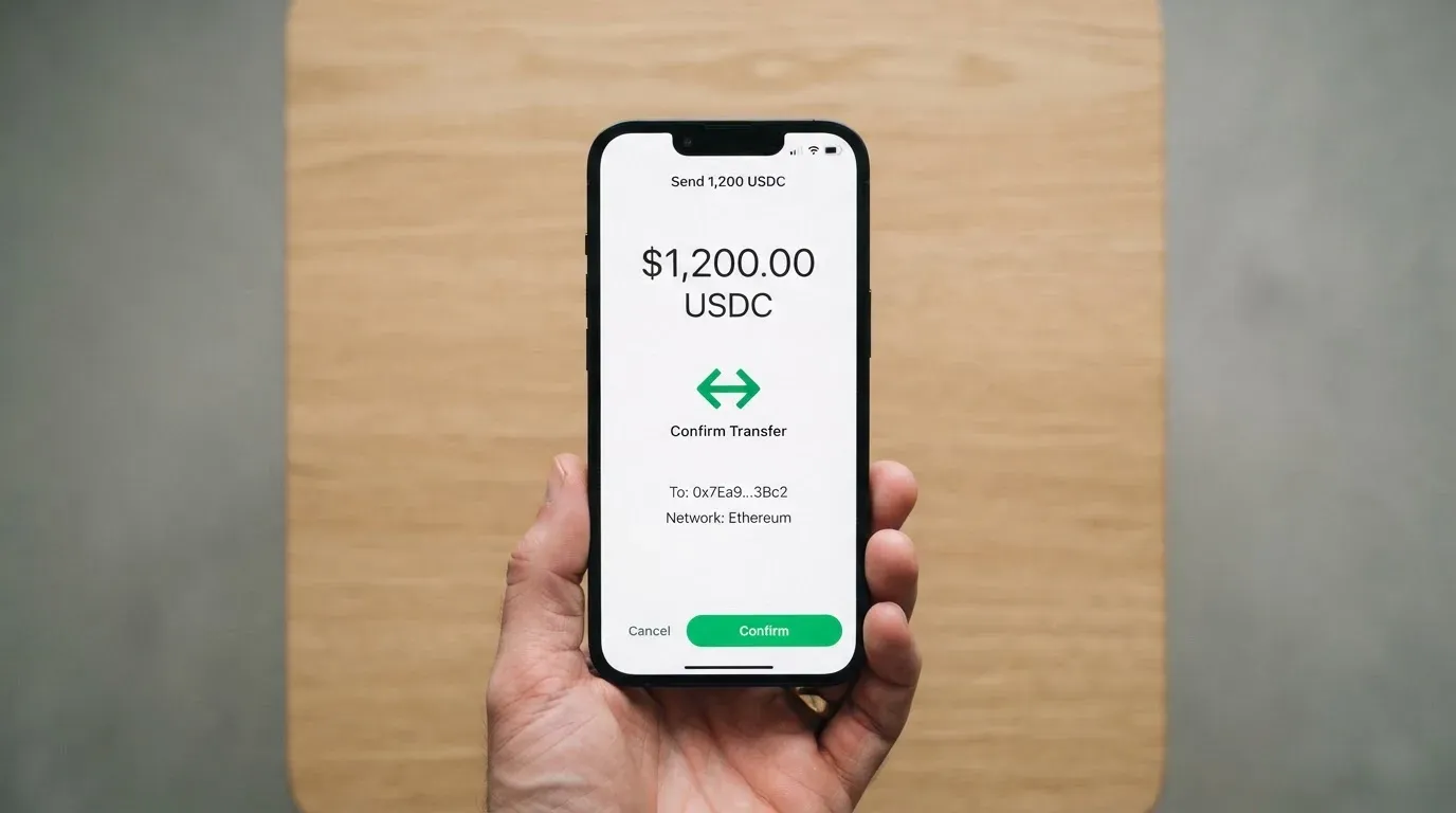 A phone showing a stablecoin transfer screen