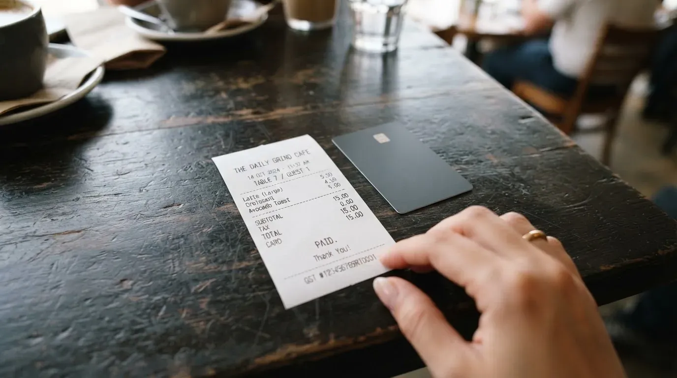 A receipt and a card on a café table