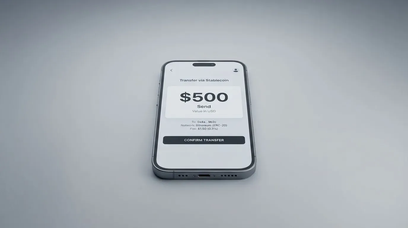 A phone showing a stablecoin transfer screen