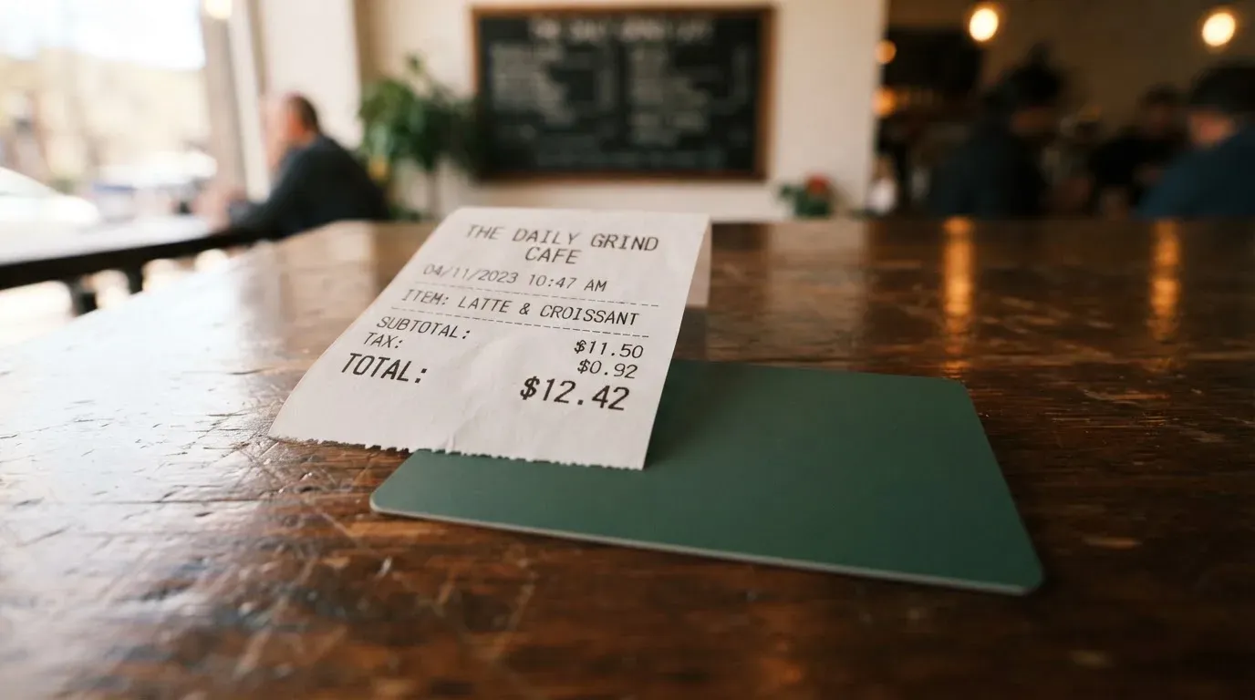 A receipt and a card on a café table