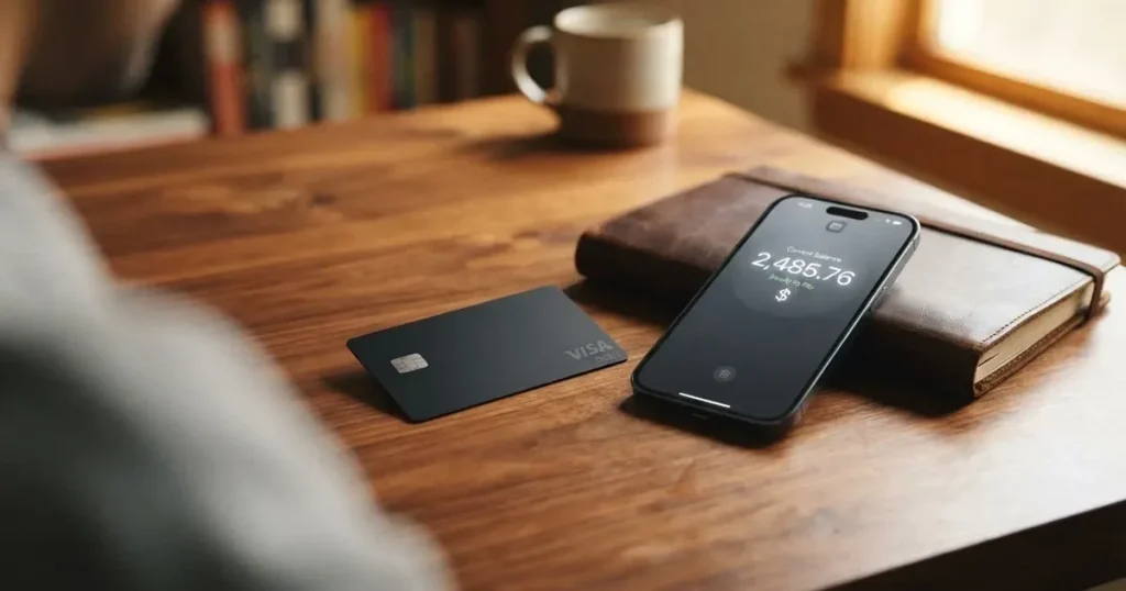 A payment card next to a phone with a crypto wallet app open