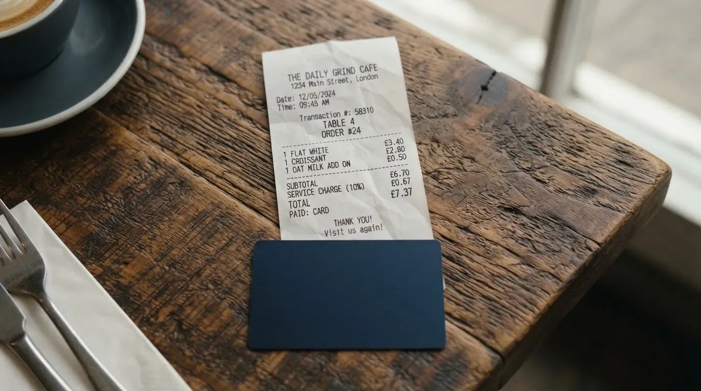 A receipt and a card on a café table