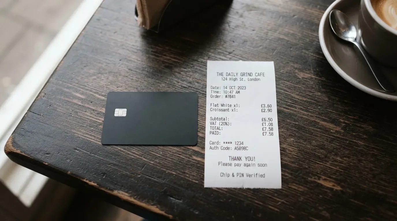 A receipt and a card on a café table
