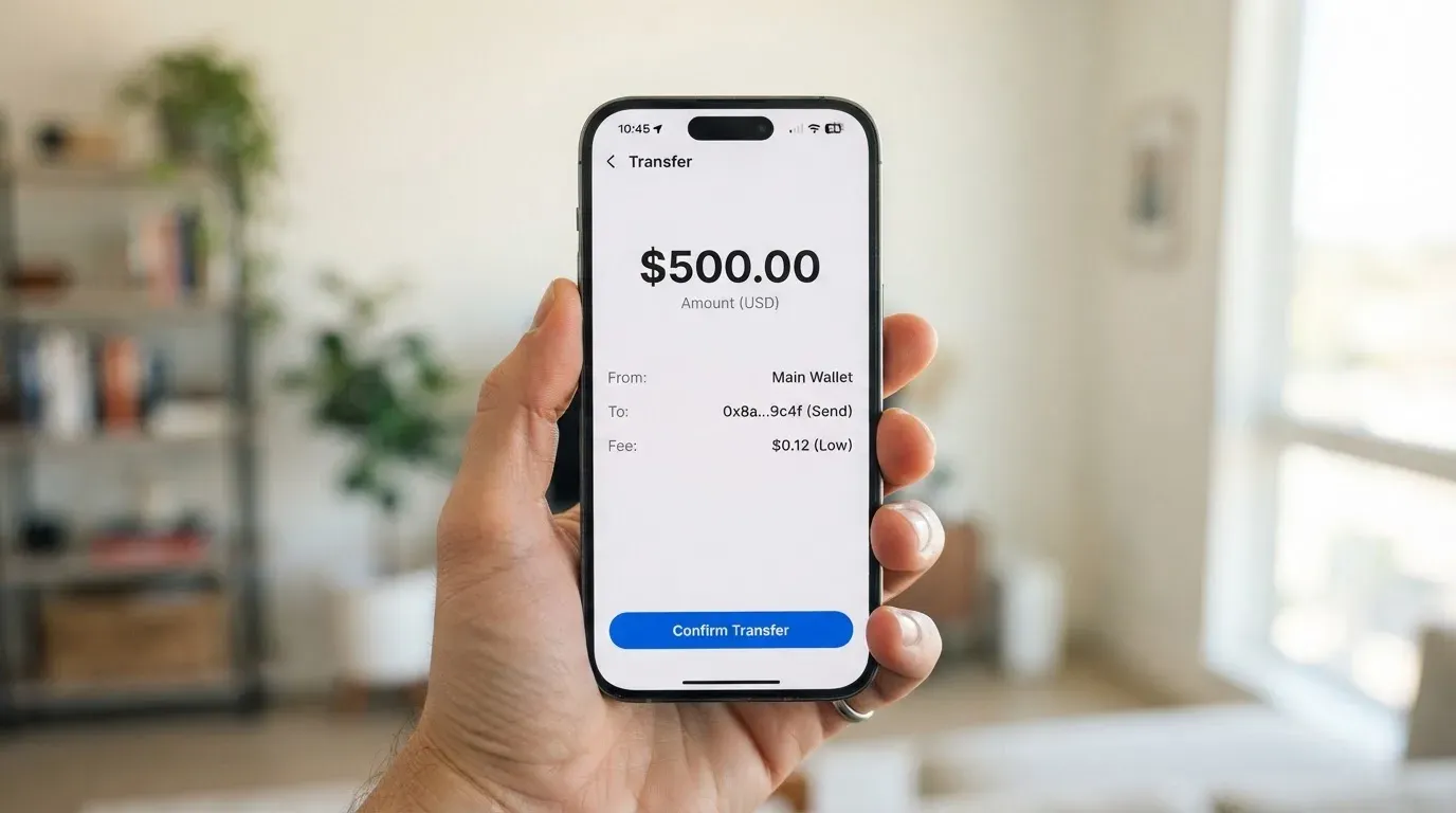 A phone showing a stablecoin transfer screen