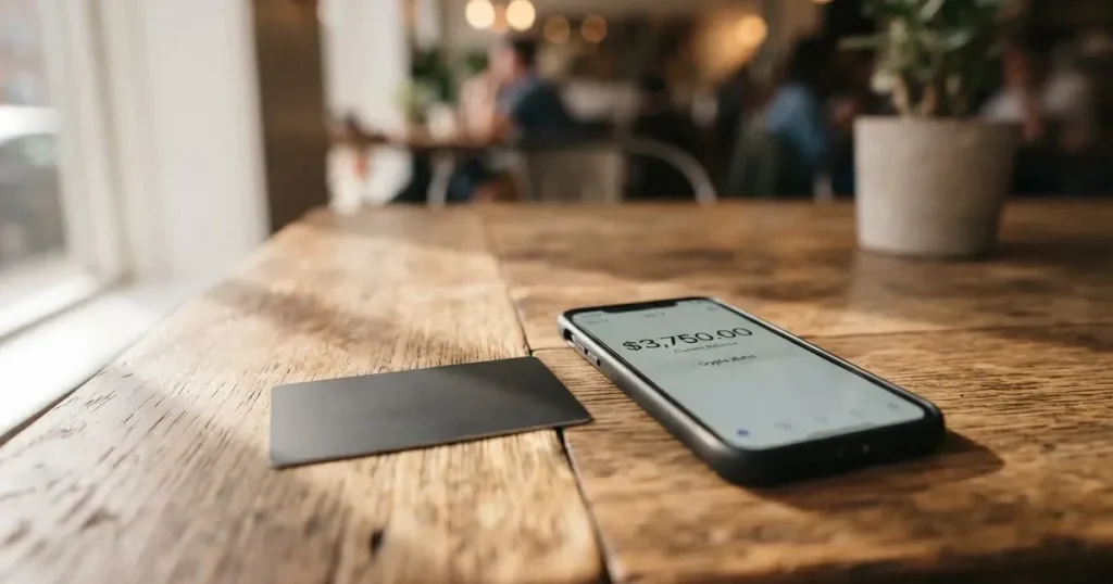 A payment card next to a phone with a crypto wallet app open