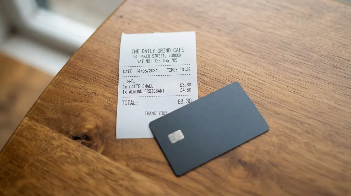 A receipt and a card on a café table