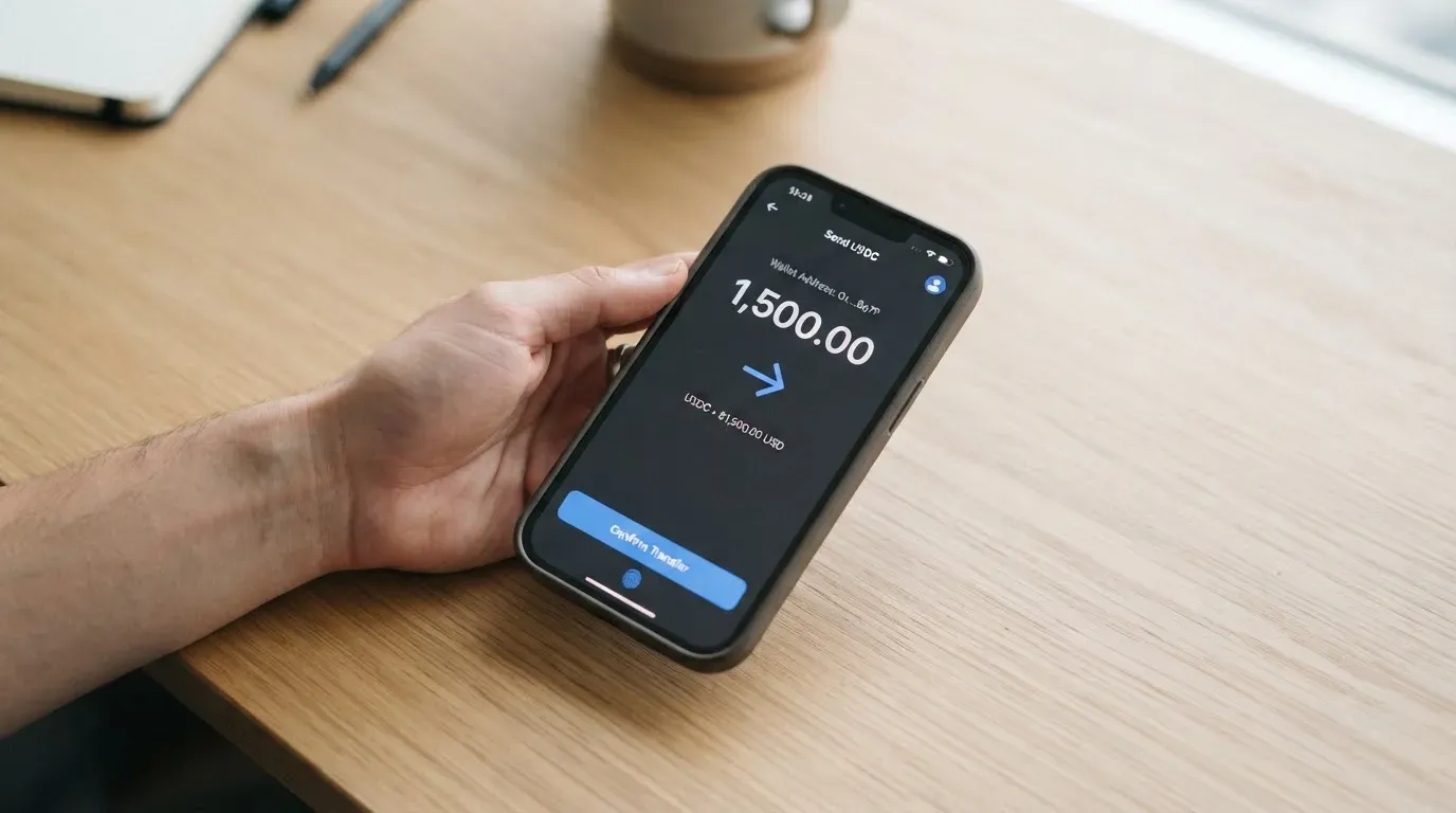 A phone showing a stablecoin transfer screen