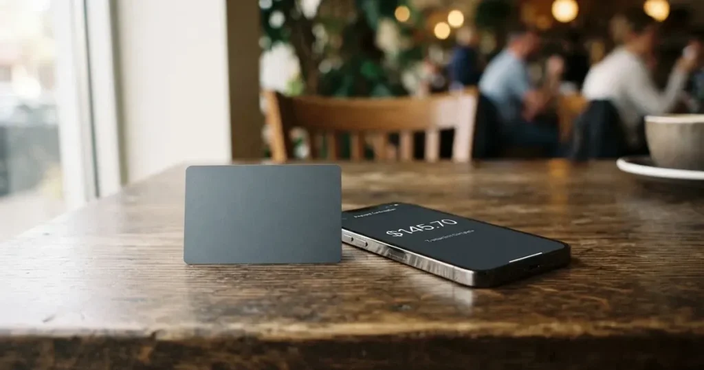 A payment card next to a phone with a crypto wallet app open