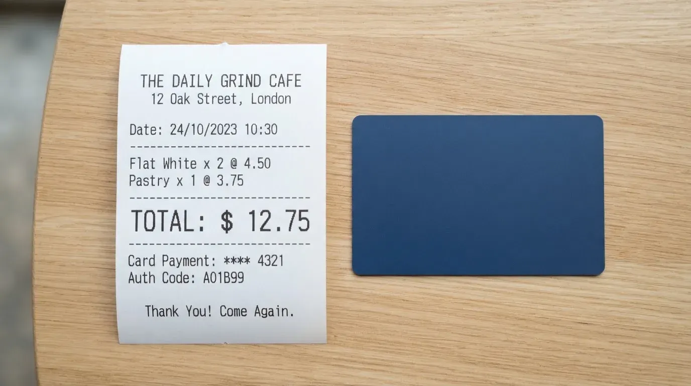 A receipt and a card on a café table