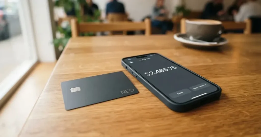 A payment card next to a phone with a crypto wallet app open