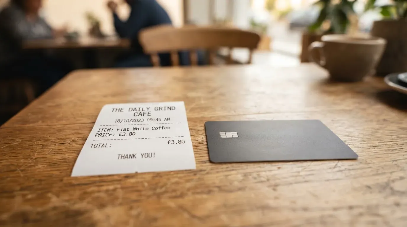 A receipt and a card on a café table