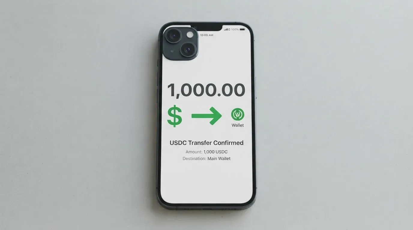 A phone showing a stablecoin transfer screen