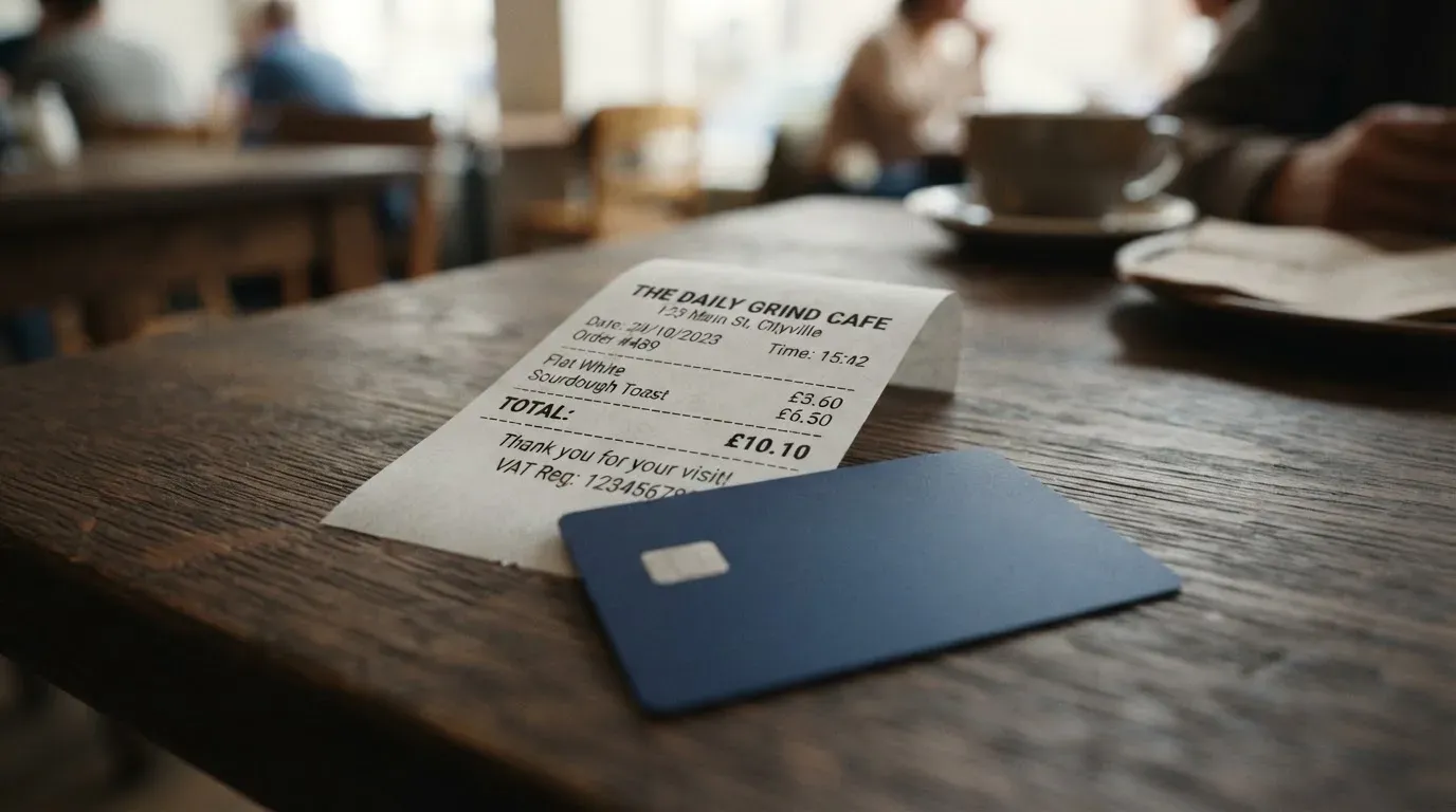 A receipt and a card on a café table