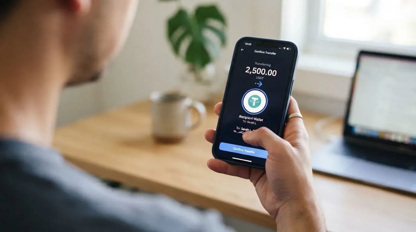 A phone showing a stablecoin transfer screen