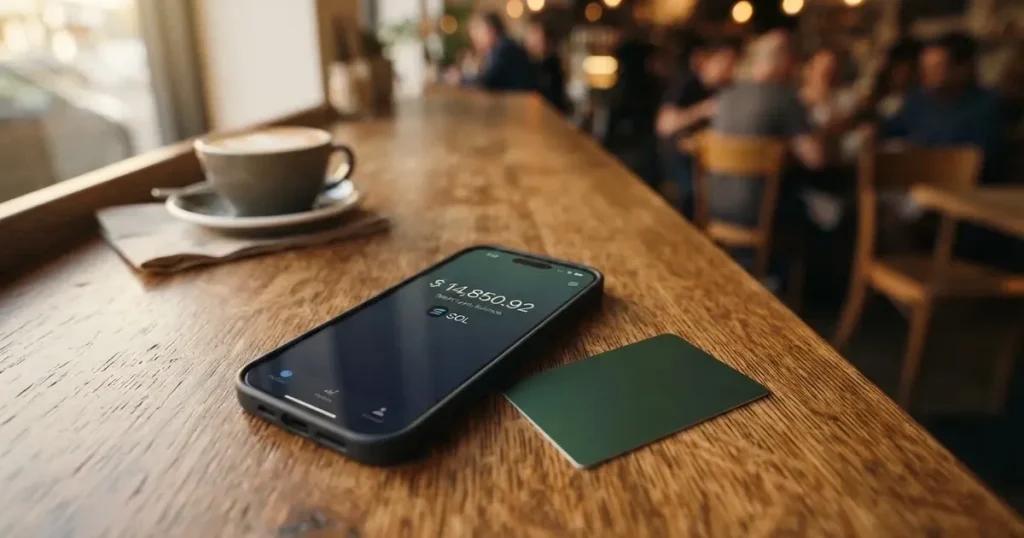 A payment card next to a phone with a crypto wallet app open