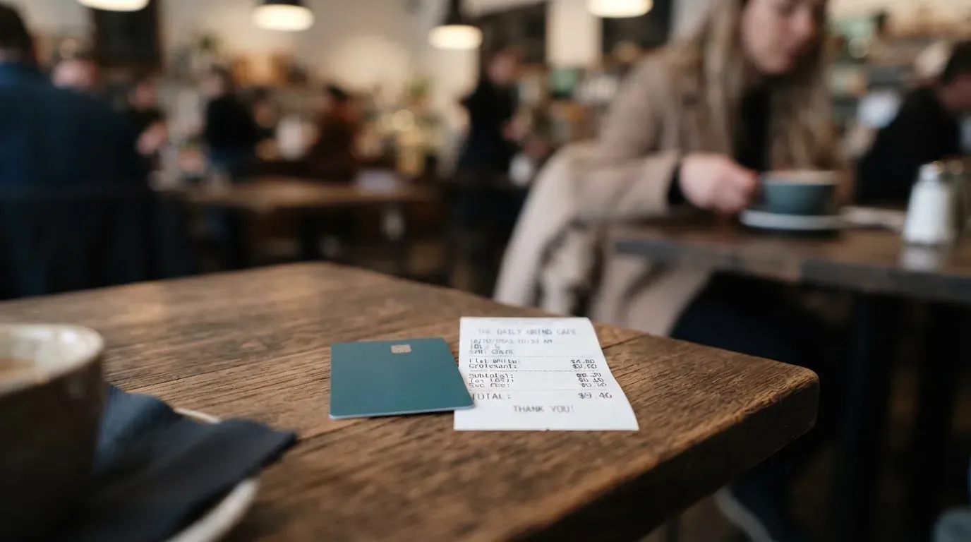 A receipt and a card on a café table