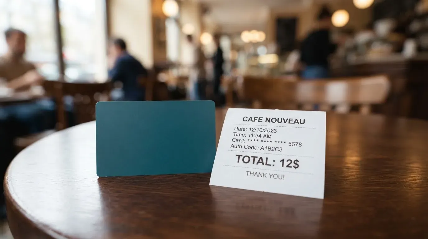 A receipt and a card on a café table