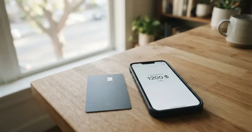 A payment card next to a phone with a crypto wallet app open