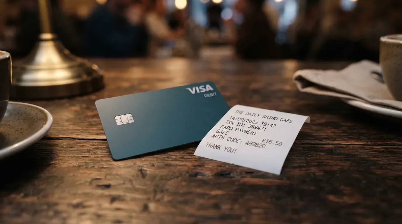 A receipt and a card on a café table