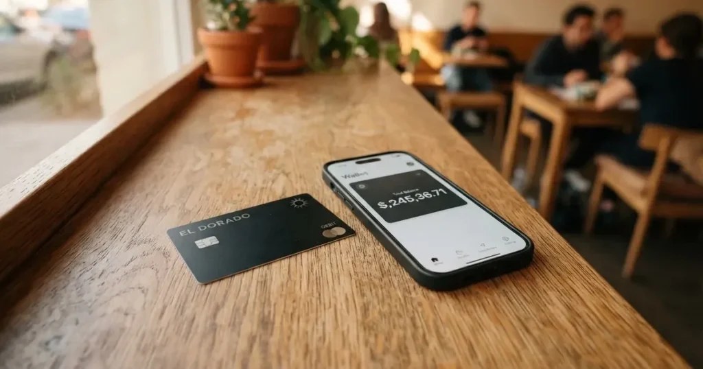 A payment card next to a phone with a crypto wallet app open
