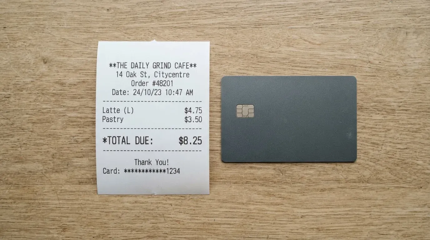 A receipt and a card on a café table