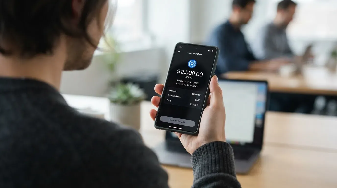A phone showing a stablecoin transfer screen